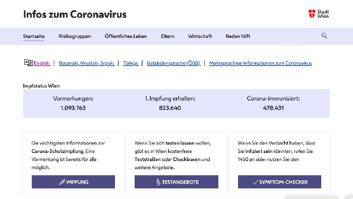 Screenshot Startseite coronavirus.wien.gv.at