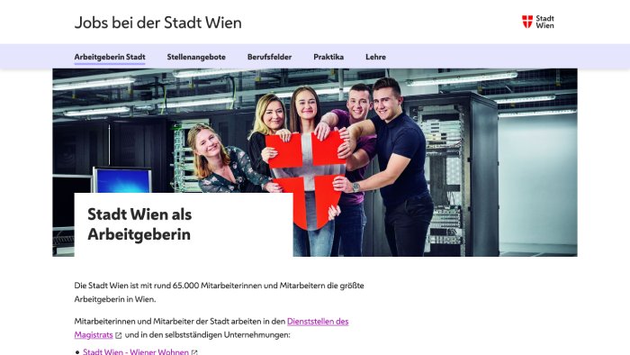 Screenshot Startseite Jobportal der Stadt Wien